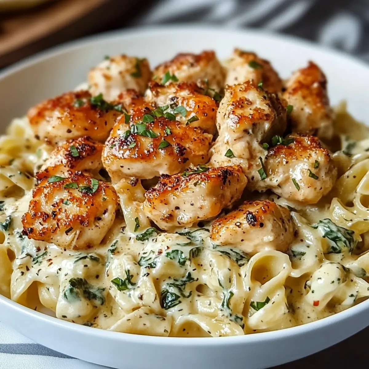 Garlic Chicken Bites and Creamy Cajun Spinach Artichoke Alfredo Pasta