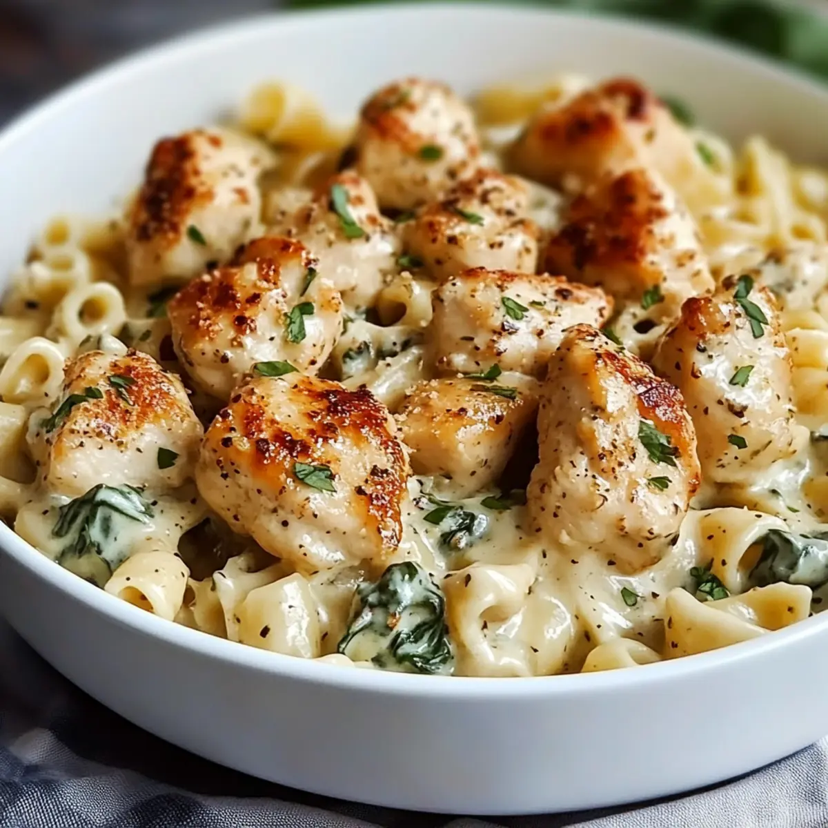 Garlic Chicken Bites and Creamy Cajun Spinach Artichoke Alfredo Pasta