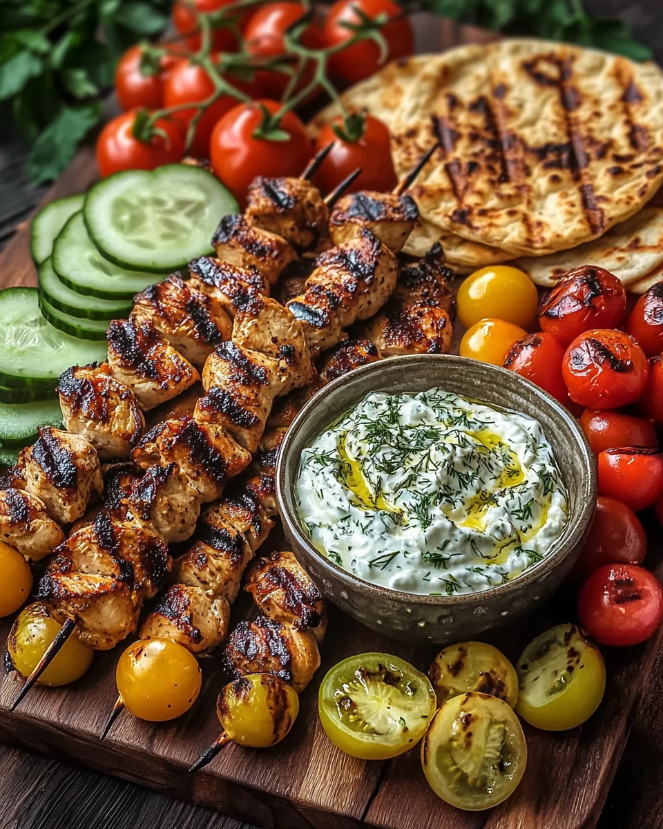 Greek Chicken Souvlaki Grazing Board with Feta Dip – A Mediterranean Feast to Share
