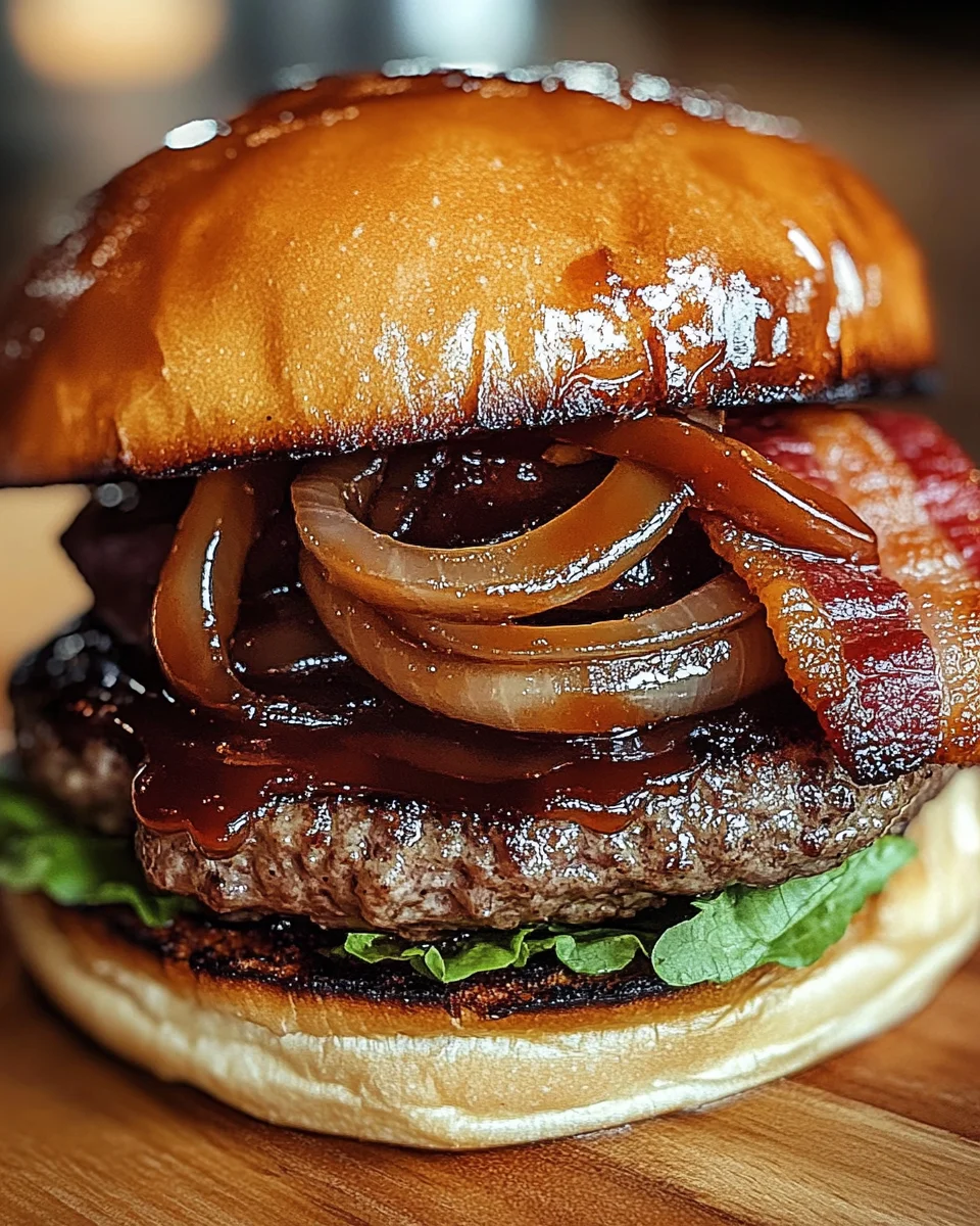 Maple Bourbon BBQ Turkey Bacon Burger with Caramelized Onions