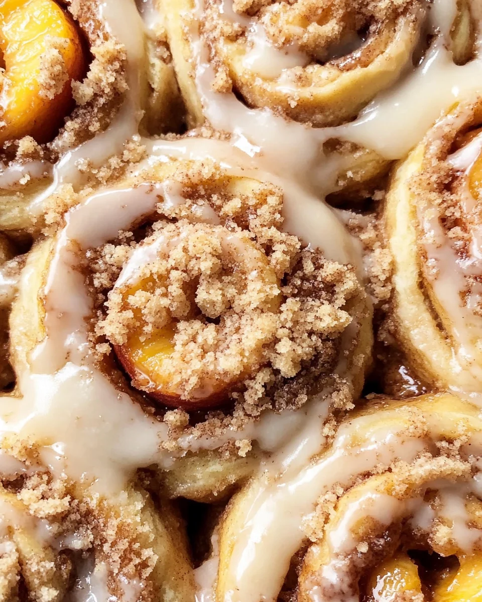 Peach Cobbler Cinnamon Rolls with Crumb Topping